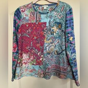 Sundance 100% Cotton Multicolor Sz L Plaid Floral Top Retro Boho Distressed Y2K